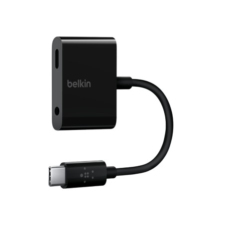 New Design Belkin RockStar 3.5mm Audio + USB-C Charge Adapter - Black - كابل